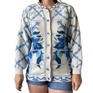 Vintage 80s Knitted Cardigan Sweater Beige Blue Novelty Art Size M Grandma Core